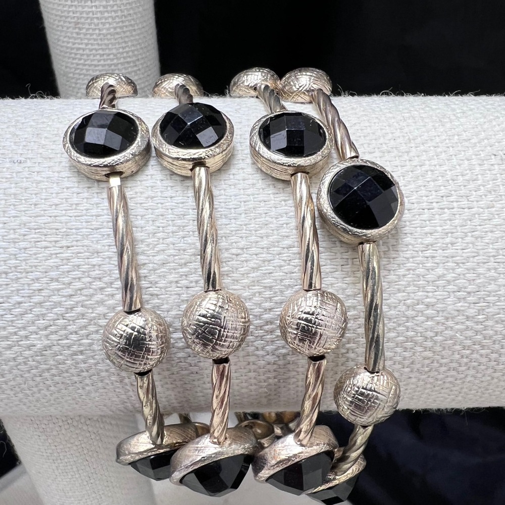 Silver Tone Twisted Bangle Bracelet Set‎ Black Faceted Gemstones Stretchy